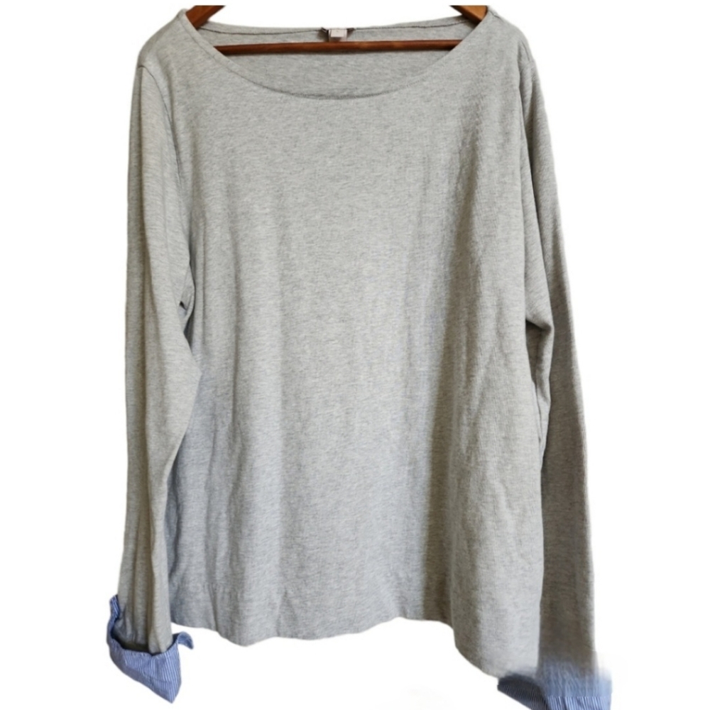 J Crew Cotton Pullover Grey Top With Layered Cuff Long Sleeve Size XLarge